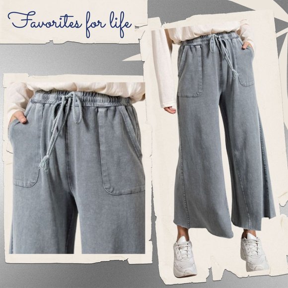 📌 EASEL "The Originals" Mineral Wash Wide Leg Drawstring Pants Pockets Raw Hems - Picture 2 of 15